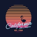 80s style vintage California typography. Retro t-shirt graphics with tropical paradise scene and flamingo silhouette