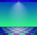 80s styled vapor wave room with blue and green wall over checked floor