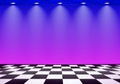 80s styled vapor wave room with blue and purple wall over checked floor