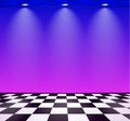 80s styled vapor wave room with blue and purple wall over checked floor