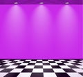 80s styled vapor wave room with purple wall over checked floor