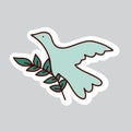 70s styles vector doodle sticker. Flying dove with olive branch