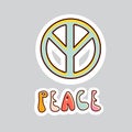 70s styles vector doodle sticker. Peace sign, lettering Peace