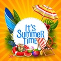 It`s summer time banner design with white circle for text and beach elements