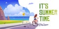 It's summer time cartoon banner. Girl on bicycle