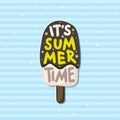 It`s summer time. Cute summer card with ice cream on a striped blue background