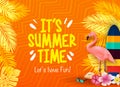 It`s Summer Time Let`s Have Fun with Flamingo, Surfboard, Flowers, Palm Leaves in Orange Background