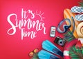 It`s Summer Time Realistic Vector Banner in Red Background and Tropical Elements Royalty Free Stock Photo