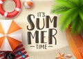 It`s summer time seascape vector banner design. Summer seascape background with colorful beach elements Royalty Free Stock Photo