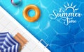 It`s summer time vector banner design. It`s summer time text in swimming pool background with umbrella, chair, beach ball. Royalty Free Stock Photo