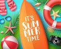 It`s summer time vector design concept. Summer text in surfboard with beach elements Royalty Free Stock Photo