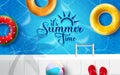 It`s summer time vector design. It`s summer time text with tropical fruit floaters, beach ball and flip flop on swimming pool.