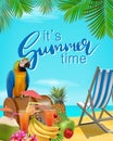 It's summer time vector illustration. Sea, blue sky, beach, cocktails, pineapple, fruits. Summer tropical background Royalty Free Stock Photo