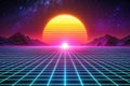 80s Sunset Grid Landscape, Stars, Mountains Royalty Free Stock Photo