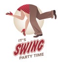 It`s swing party time: Legs of man and woman wearing retro clothes and shoes dancing