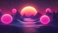 1980s Synthwave Gradient Background with Glowing Spheres and Retro-Futuristic Neon Elements Royalty Free Stock Photo