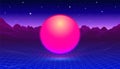 80s synthwave styled landscape with red hot shiny ball, grid mountains on arcade space planet. Royalty Free Stock Photo