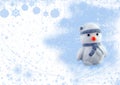 It`s holiday time! Snowman on white abstract glittering background. Royalty Free Stock Photo