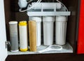 It`s time to change water filters at home. Replace filters in water purifying system. Close up view of three used filters