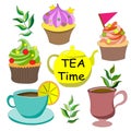 It\'s time to drink tea. Delicious colorful cupcakes with buttercream, cup of tea, coffee with yellow kettle.