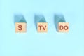 S TV DO basic sentence pattern English grammar concept. Wooden blocks flat lay