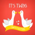It`s Twins. Happy birthday card with cute cartoon geese and ribbon congratulations. Flat design. Vector