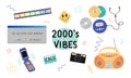 2000s vibes set. Retro devices, technic, things isolated on white background. Back to 00s