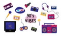 90s vibes set. Trendy 1990s elements collection. Retro technic, things, entertainment and music equipment isolated on white