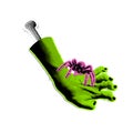 90s vintage halftone torn off zombie hand stung by a spider. Vector illustration with curve green zombie arm sticker