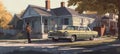 1970\'s Vintage Style Car Parked in Driveway at Suburban Home