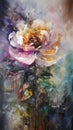 A spontaneous palette knife painting of a large flower dripping with color and draped in oil, radiating connection with colors in