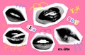 90s - Y2K Collage mouth set with grunge elements. Halftone lips for banner, graphic, posters. Vector illustration of