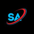 SA S A letter logo design. Initial letter SA linked circle uppercase monogram logo red and blue. SA logo, S A design. sa, s a