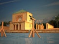 Saadian pavilion, Menara gardens, and Atlas in Marrakech, Morocco, Africa lake view. 3d rendering illustration