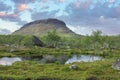 Saana fell and trekker`s hut in summer evening light Royalty Free Stock Photo