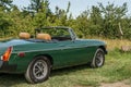 SAANICHTON, CANADA - JULY 14, 2019: restored green convertable MG old british sports car farmlend