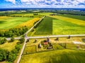 Saarema Island, Estonia: aerial view of summer fields and Angla windmills in Leisi Parish