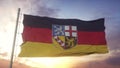 Saarland flag, Germany, waving in the wind, sky and sun background. 3d rendering