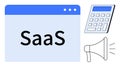 SaaS Concept with Digital Window, Calculator, and Megaphone for Cloud Solutions and Marketing Royalty Free Stock Photo