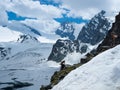 Saas-Fee, Switzerland - June 15th 2023: An ibex close to Britanniahuette in front of an amazingly alpine panorama