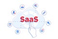 SaaS and iPaaS linear illustration. Client using SaaS for different purposes - storage, statistics, cloud computing.