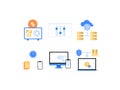 SaaS, PaaS, IaaS and other cloud computing services advantages flat icons: Saving Money, Easy Customization