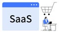 SaaS Platform Concept with Online Shopping Cart and Professional Working on Laptop Royalty Free Stock Photo