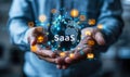 SaaS Software as a Service and cloud computing concept - person holding a globe surrounded by app icons representing on-demand