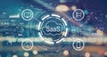 SaaS - software as a service concept with blurred city lights