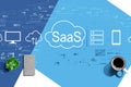 SaaS - software as a service concept with a cup of coffee