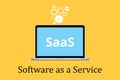 Saas software as a service concept with laptop and poster text gear icon