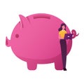 Saas, Software as a Service Internet Technology Concept. Female Character Working on Laptop Stand at Huge Piggy Bank