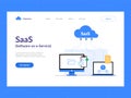 SaaS or Software as a Service landing page first screen. Remote online access to cloud application services scheme