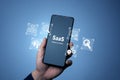 SaaS software as a service on smartphone with cloud computing and automation icons Royalty Free Stock Photo
